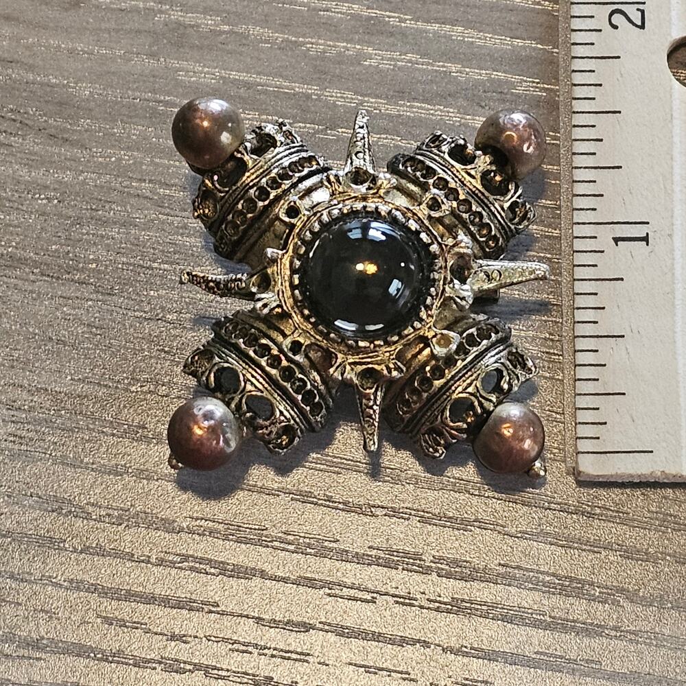 Vintage Celtic Bronze Maltese Cross Brooch with Smoky Cabochon - Picture 2 of 6